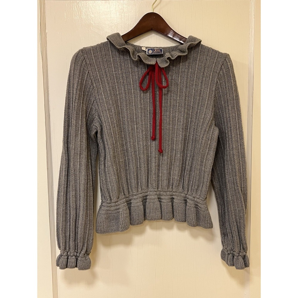 Grey‎ Peplum Ruffled Hem & Collar Sweater Red Bow Academia Coquette Sweet Small